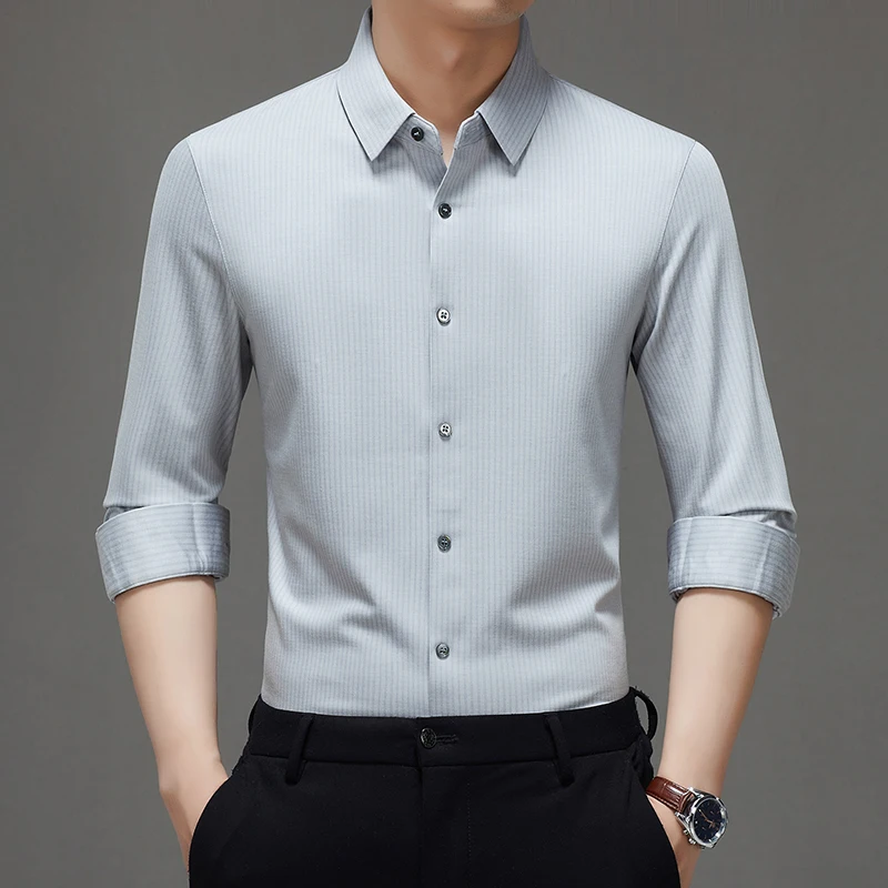 

Мужская классическая рубашка в тонкую полоску, незаменимые топы серого и синего цвета, деловая повседневная офисная одежда, базовая рабочая одежда для мужчин