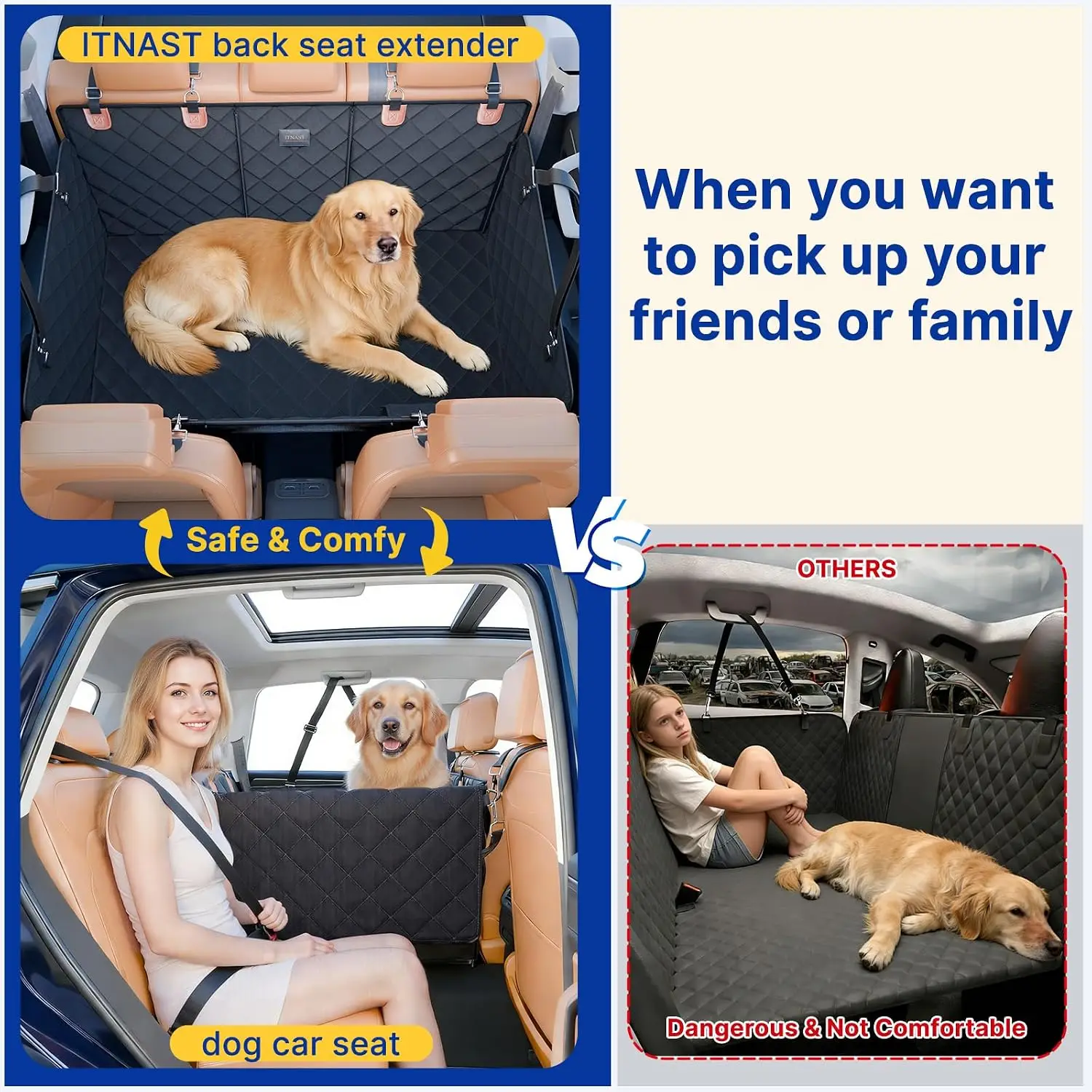 Convertible Back Seat Extender for Dogs, Foldable 400lbs Hard Bottom Dog Car Seat Cover for Back Seat, Waterproof Dog Hammock Be