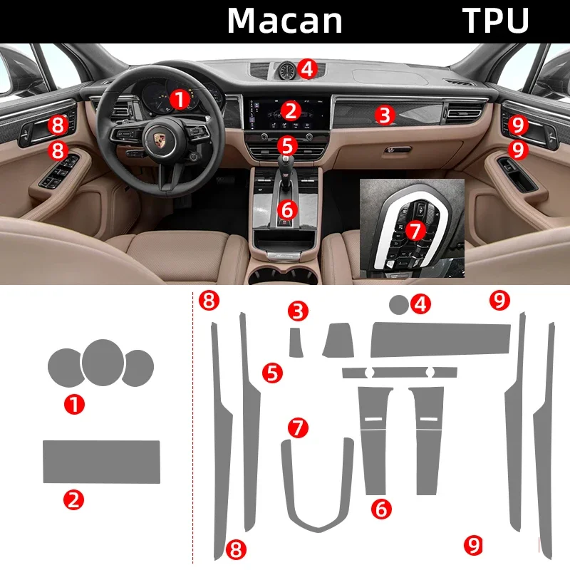 Tpu 투명 필름 포르쉐 마칸 2022 2023 자동차 인테리어 스티커, 센터 콘솔 기어 내비게이션 대시보드 도어 윈도우 패널