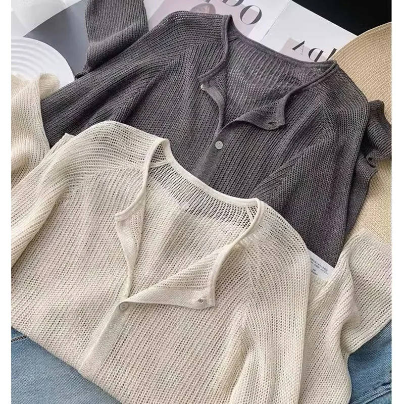 Women's Knitted Ice Silk Long Sve round Ne Open Cardigan  Color Versatile Slimming Outerwear Commute Sle Korean V...