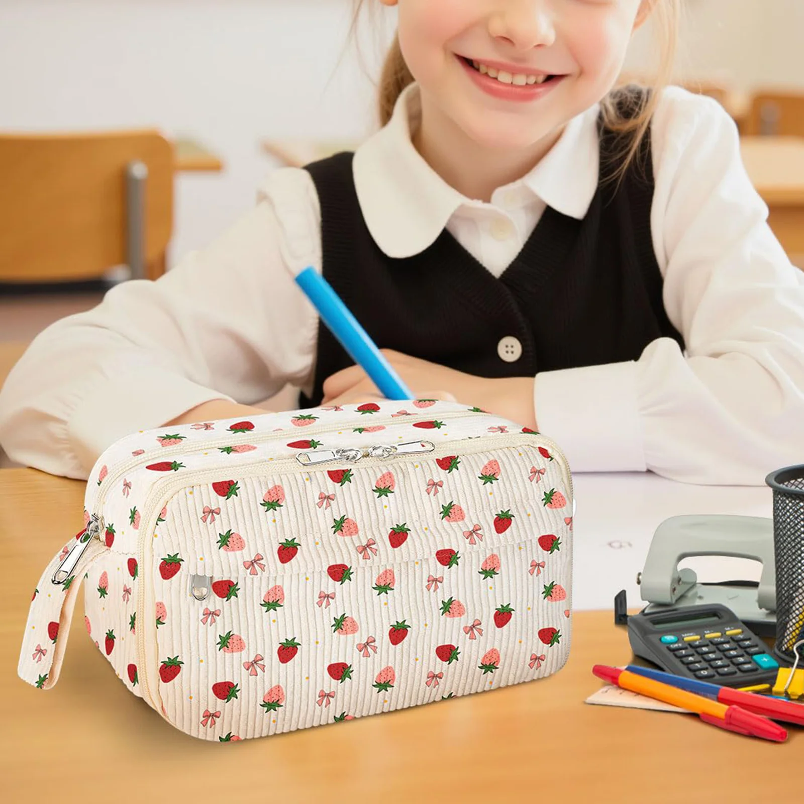 Cord-Federmäppchen mit Fächern Niedliches Erdbeer-Design für Schule und Büro Schüler Jungen Mädchen Schreibwaren-Organizer