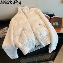 New casual and fashionable thickened jacket design with white knitted splicing stand up collar cotton jacket for women