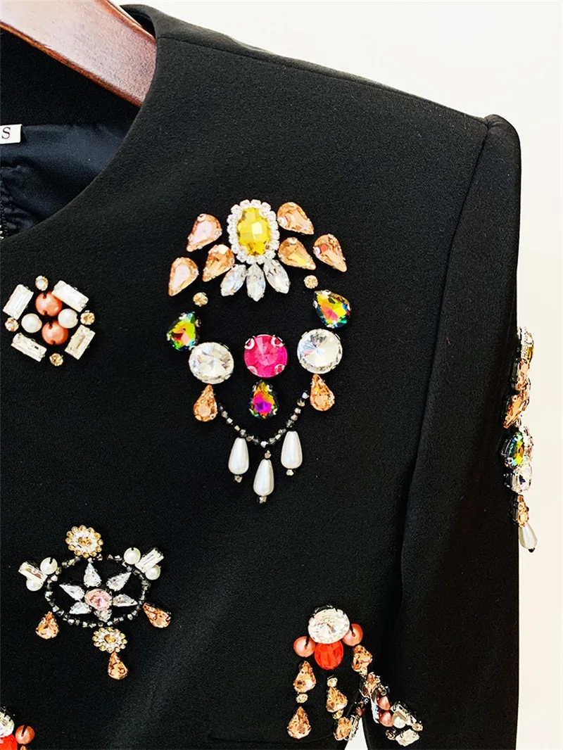 Beaded Crystals Women Skirt Suit Gorgeous Round Collar Short Tops A-line Skirt Formal Black Long Sleeve Coat New Design In Stock