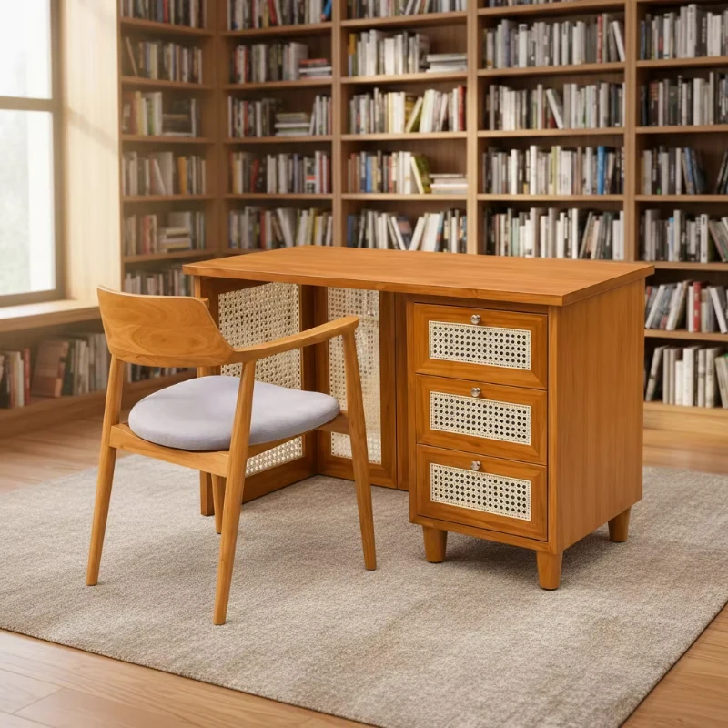 Wooden computer desk with rattan drawers and chair set, Scandinavian style study table office furniture