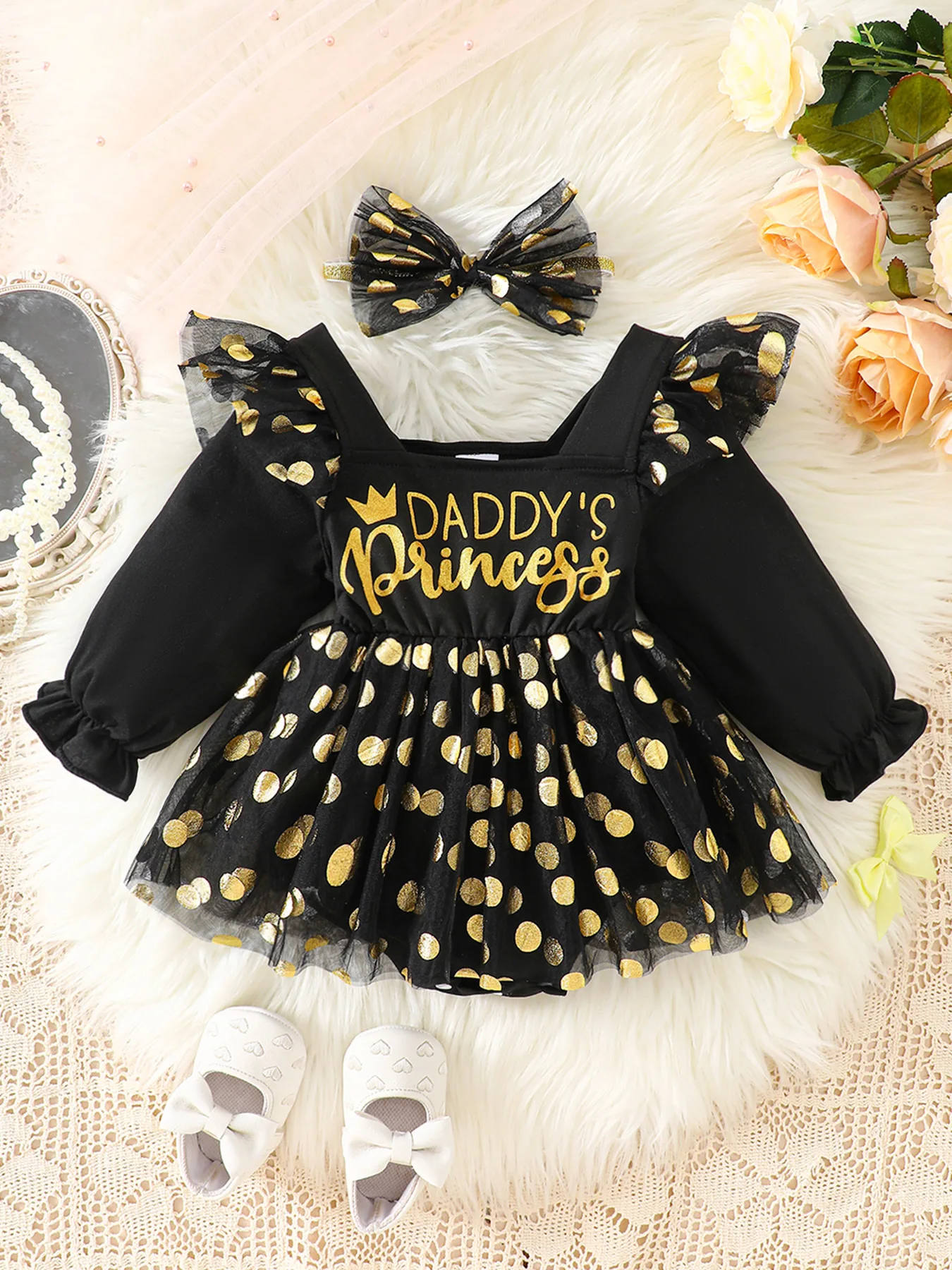 Black and Gold Polka Dot Mesh Puff Sleeve Square Neck Romper Dress + Bow Headband Daddy’S Princess Gold Foil Print Baby Girl Birthday Party Dress Set