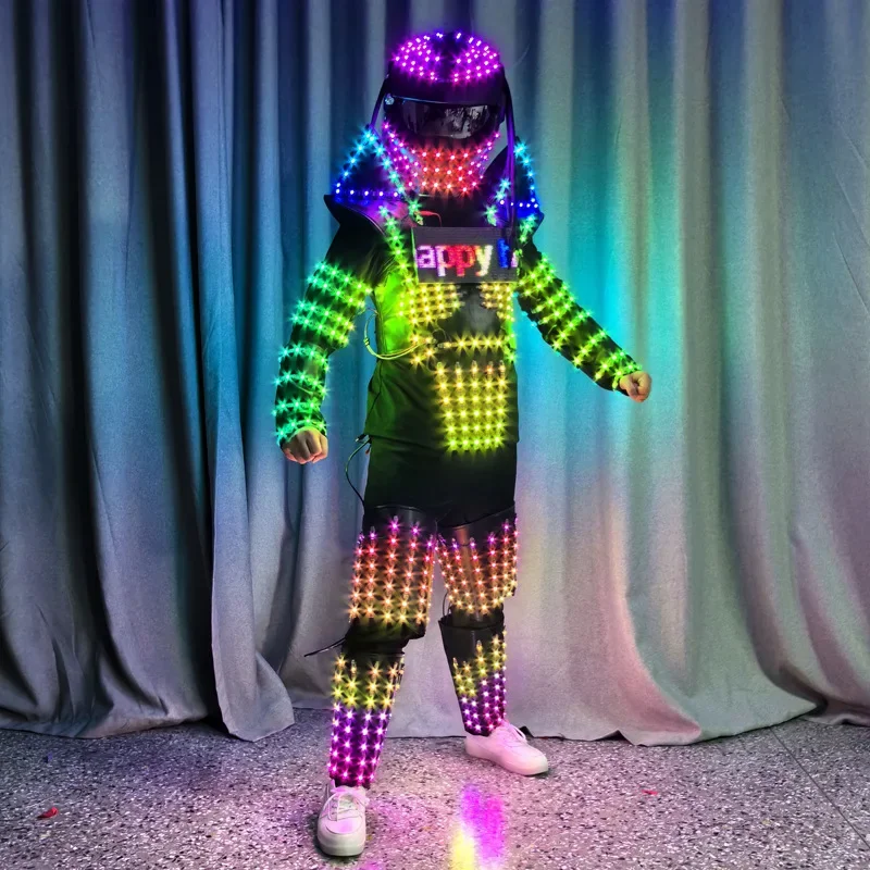 LED Luminous Men Warrior Armor Helmet Light Up Costume Nightclub DJ Robot Cosplay Tron Dance Wear Party Performance Suit