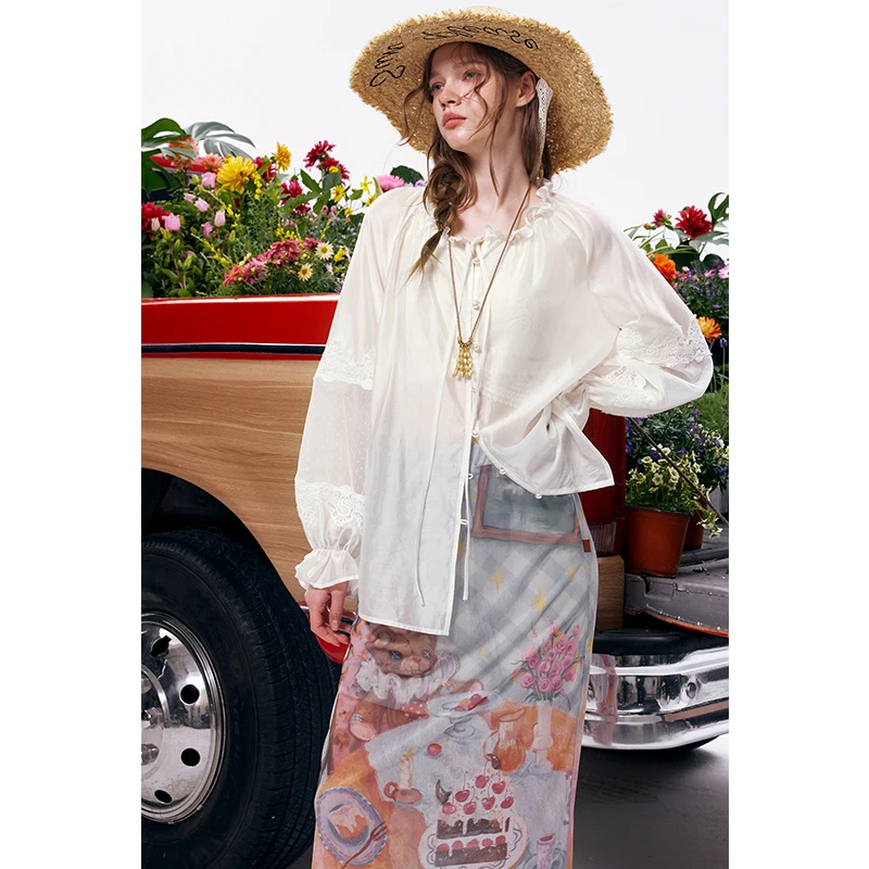 ELFSACK Women's Elegant White Lace Chiffon Shirt, V-Neck Sheer Sleeve Button Up Blouse, Casual Versatile Long Sleeve Top