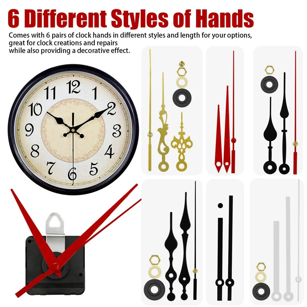 【Exclusive-Deal!】6PCS Quartz Clock Movement Mechanism Repair Tools Part with 6 Different Pairs Hand DIY Wall Clock Mechanism Set