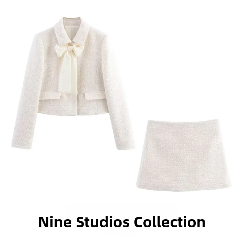 NINE ZAR Women's  Knot Texture Suit Jacket Skirt Two-Piece Set Short Length Long Sleeve Four Seasons Fashion Ensemble