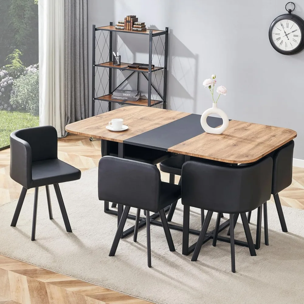 

Wooden Dining Room Table Set for 6, 60" Farmhouse Tabletop with Sturdy Metal Legs, Modern Rectangular Dining Table and Chairs