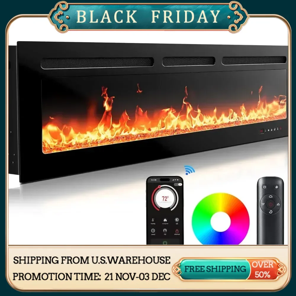 Electric Fireplace Heater with App & Remote Control, Ultra-Slim Wall-Mounted or Recessed Electric Fireplace Inserts with Timer