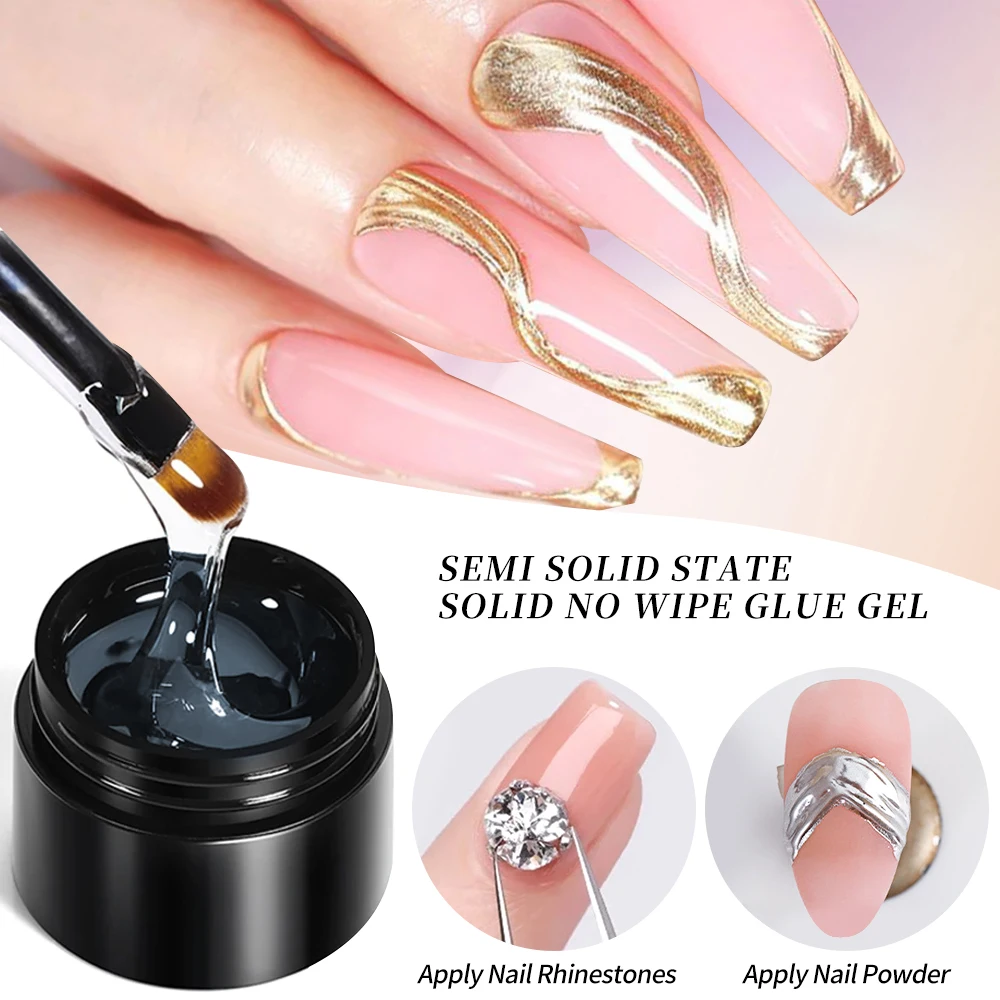 19g Strong Nail Glue No-Wipe Semi-Solid Rhinestone Gem CharmsAdhesive Gel 3 in1 Sculpting & Chrome Powder Model Gel UV Soak Off