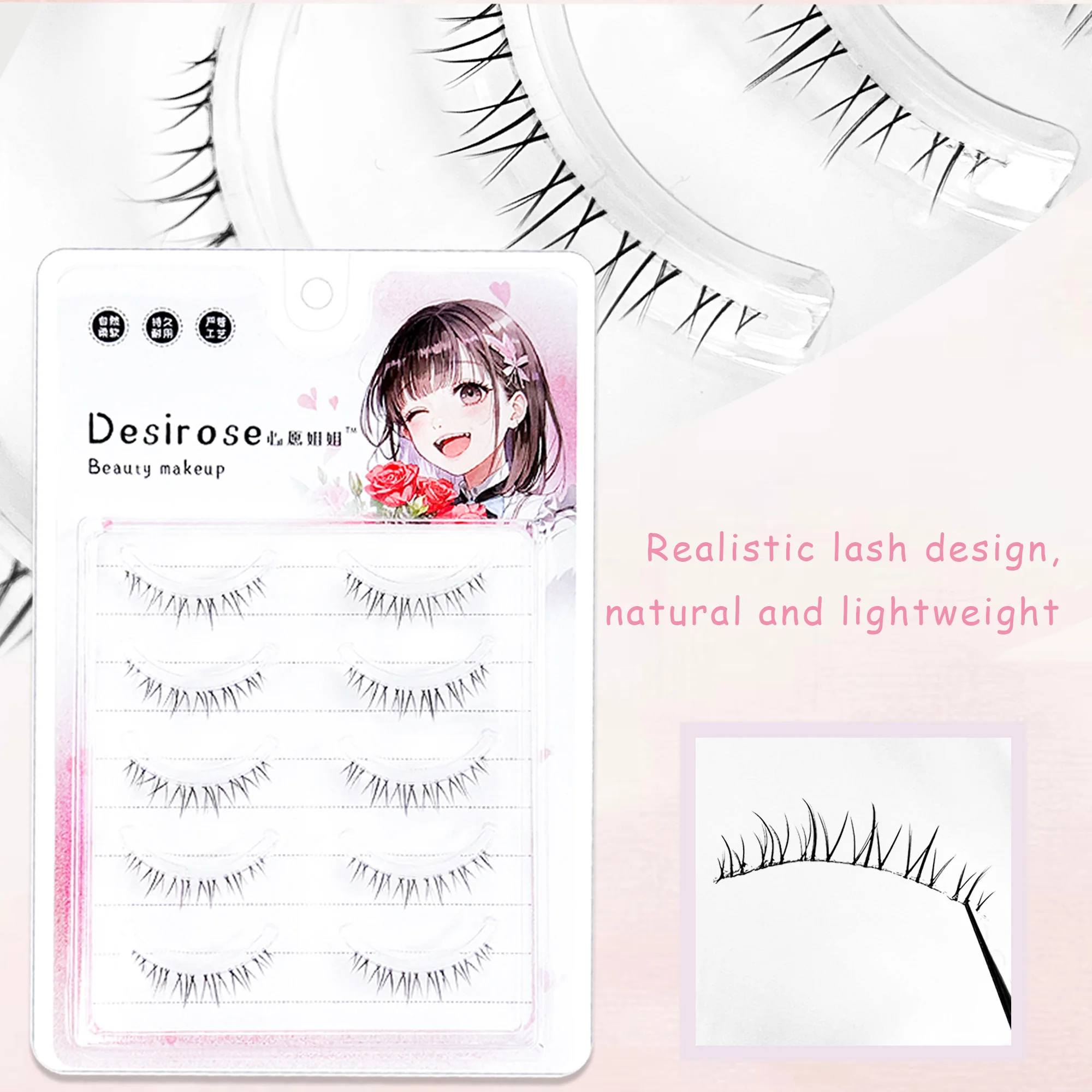 ขนตาปลอมแบบมังงะ 5 คู่ ขนตาล่างแบบธรรมชาติ ขนตาปลอมทำมือพร้อมแถบใส เหมาะสำหรับการแต่งหน้าในชีวิตประจำวัน