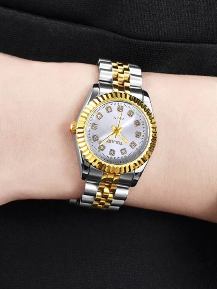 1 reloj de pulsera de cuarzo con banda de acero dorado para habitación redonda a la moda para mujer