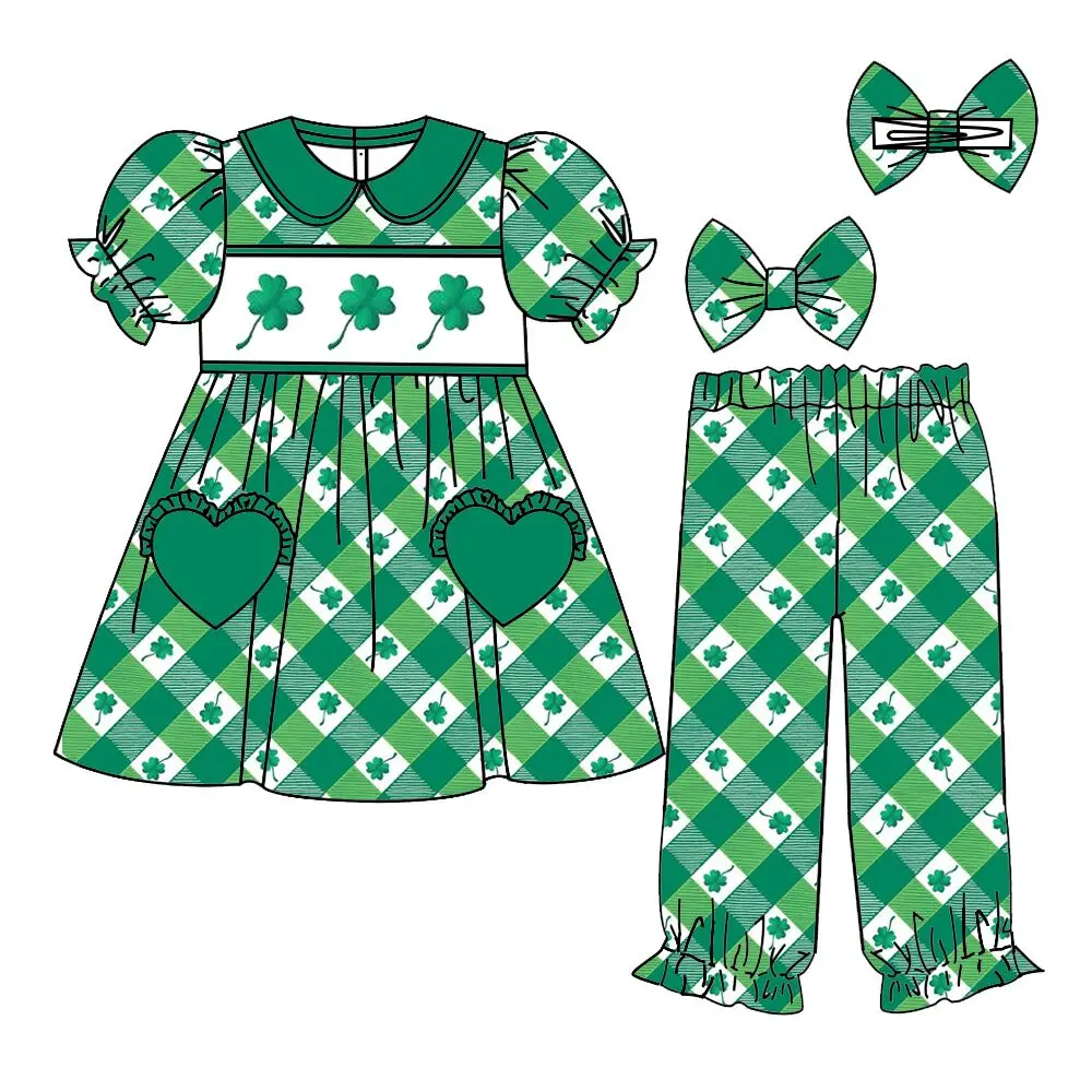 New Design baby's St. Patrick's Day Clothing Lapel Love Pocket Design Green Plaid Lucky Clover Print Customized