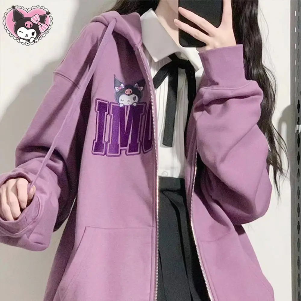 

Kawaii Kuromi Толстовка пальто Свитшот хлопковый кардиган Sanrioed для женщин аниме весна зима вышивка плотный Повседневный милый свободный