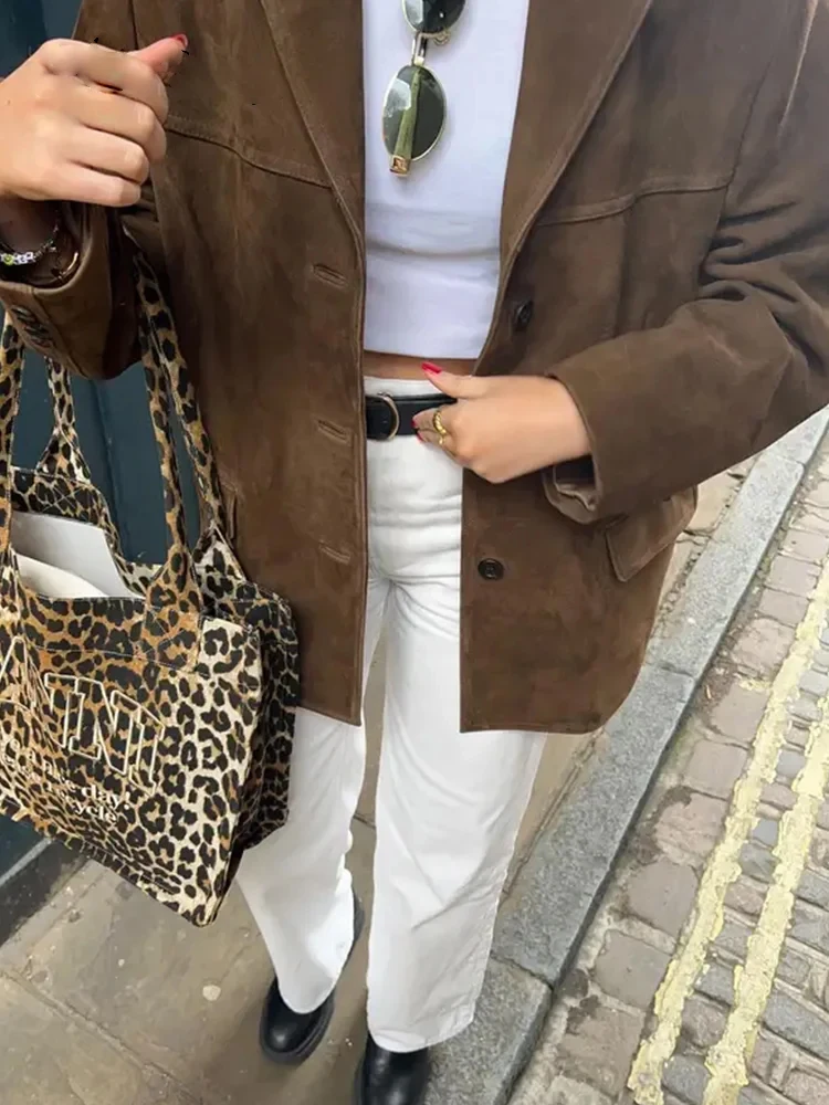 Women Suede Jackets Loose Lapel Single Breasted Long Sleeves Pockets Blazer Coats Female 2024 Autumn Fashion  New in Outwear