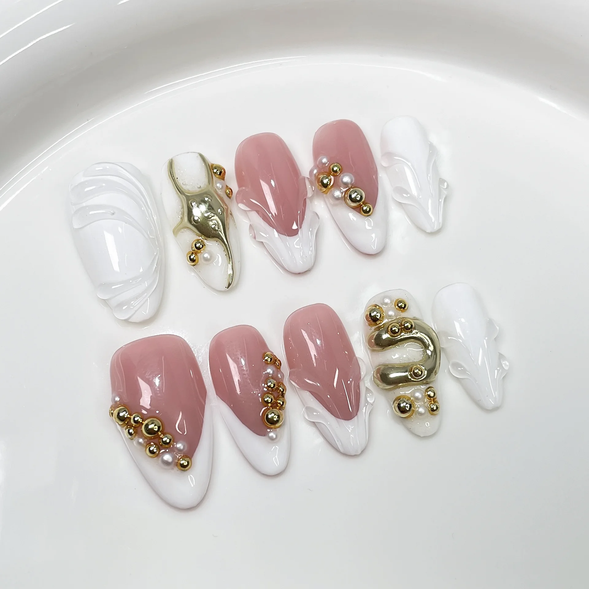 10 قطعة نمط معدني داكن اضغط على الأظافر عين القط الأظافر كاذبة ثلاثية الأبعاد الفضة غير النظامية خطوط الأظافر وهمية Y2k اللوز اليدوية مسمار ملصقات #5