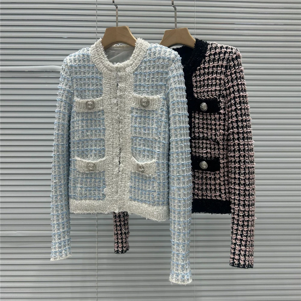 

Роскошное издание Парижский кардиган с блестящими пайетками и золотыми пуговицами, тяжелый рабочий клетчатый открытый кардиган, верхняя одежда в стиле ретро Faion Ladi...