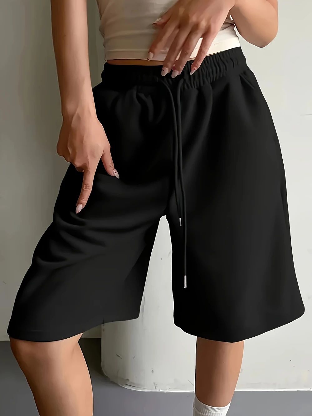 Pantalones Cortos Anchos de Cintura Elástica Estilo Vintage, Pantalones Rectos Grises, Pantalones Cortos Holgados, Lavables a Máquina, Primavera Verano