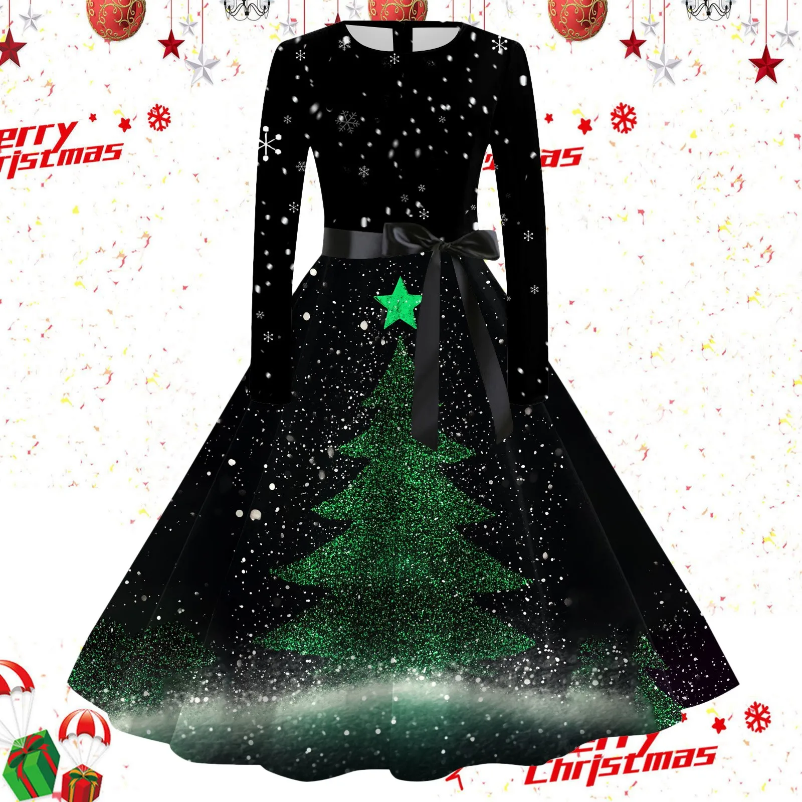 Vestidos estampados de Navidad de Año Nuevo para mujer, manga larga, árbol de Navidad, fiesta de graduación, vestidos de noche elegantes, línea A, gran Swing