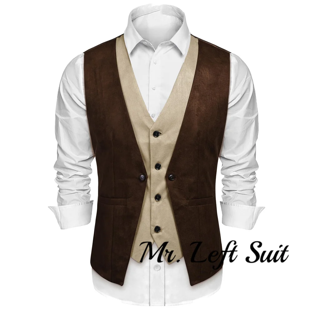 Men\'s Suede Leather Vest Layered Style Dress Vest Waistcoat  Western Cowboy Vest Slim Fit Steampunk Moto Vest Jacket