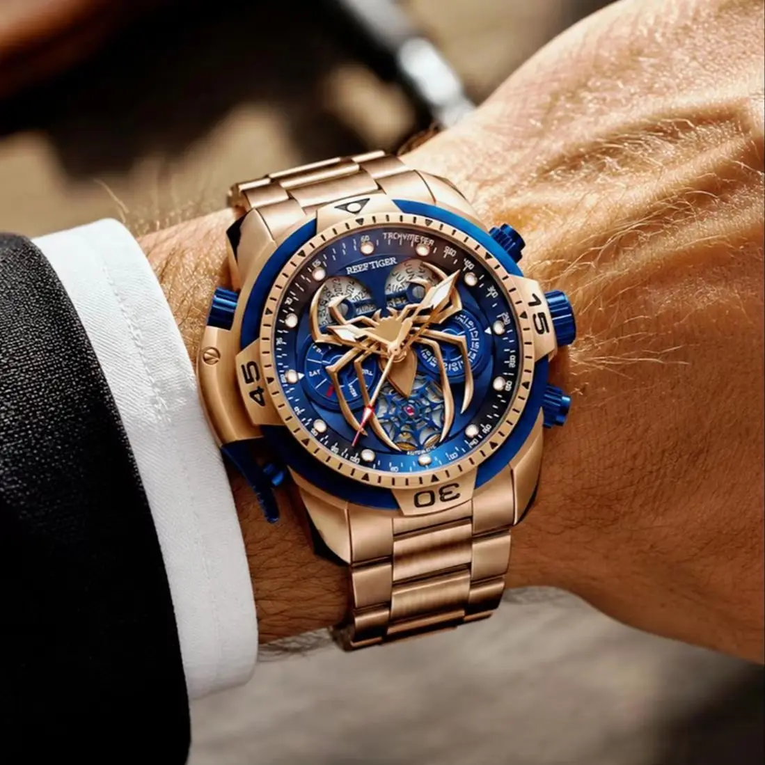 Reef Tiger Men Multifunctional Automatic Mechanical Watch Spider Shape Dial Design Stainless Steel Strap Male Wristwatch