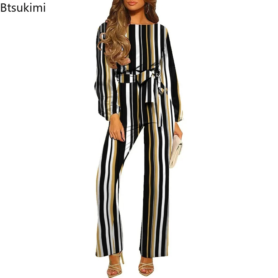 2024 Women's Office Ladies Round Neck Women Jumpsuit High Waist One Piece Loose Overalls Slim Fit Rompers Belt Wide Leg Pants