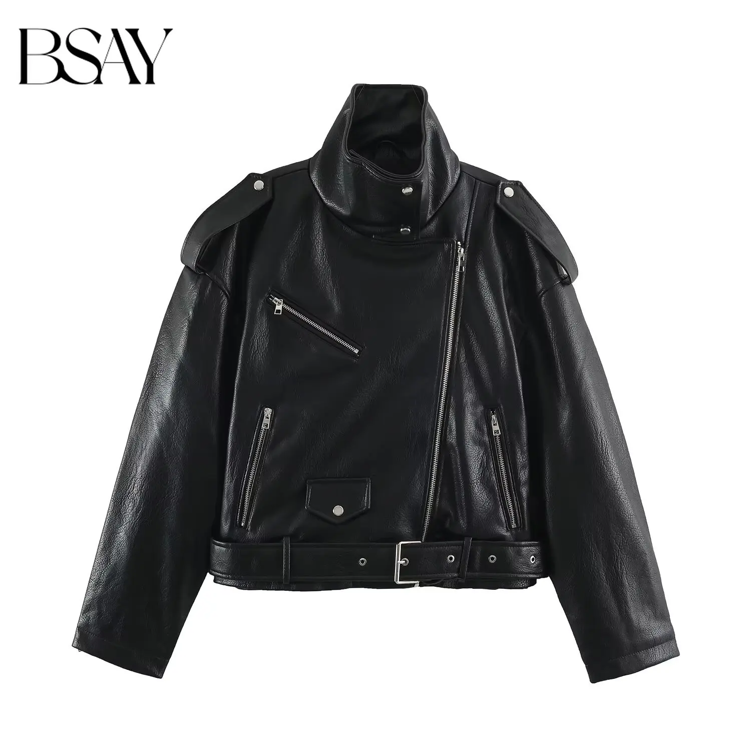 BSAY Vintage PU-Kunstleder-Motorradjacke für Damen, Stehkragen, Schulterklappen, diagonaler Reißverschluss, mehrere Reißverschlusstaschen, Gürtel, kurze Oberbekleidung