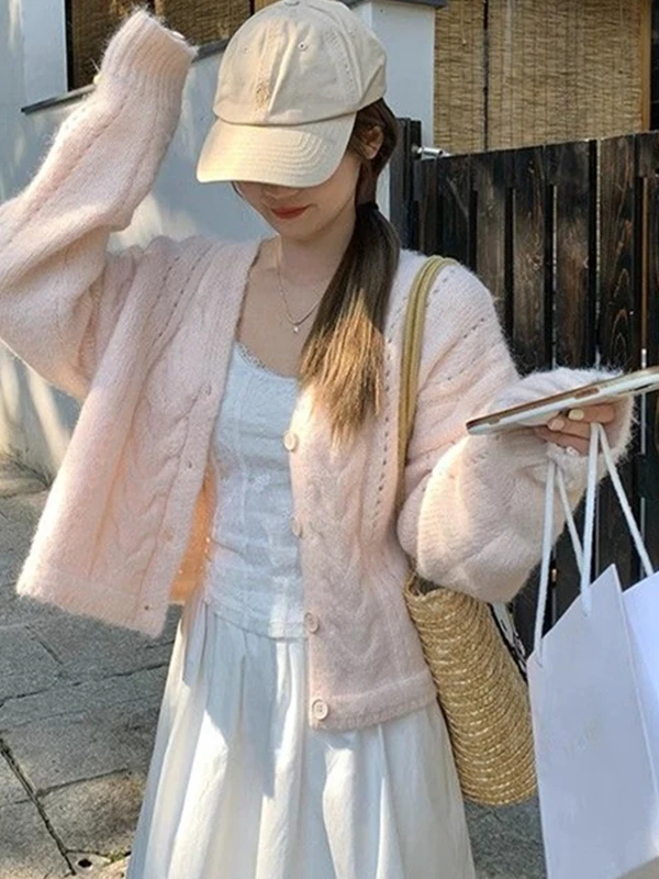 

Pink V-Ne Loose Knitted Sweater Coat Women's Spring Autumn Sweet Girl Sle Casual Warm Thermal Polyester Fiber Long Sve