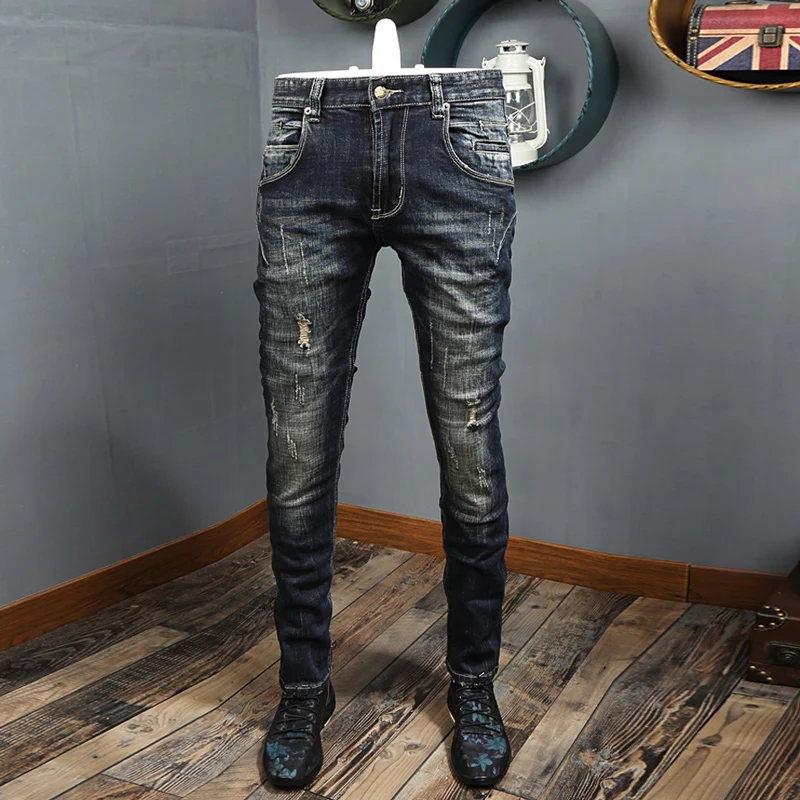 Street Fashion Men Jeans Retro Black Blue Stretch Slim Fit Ripped Jeans Men Spliced Vintage Designer Y2K Denim Pants Hombre