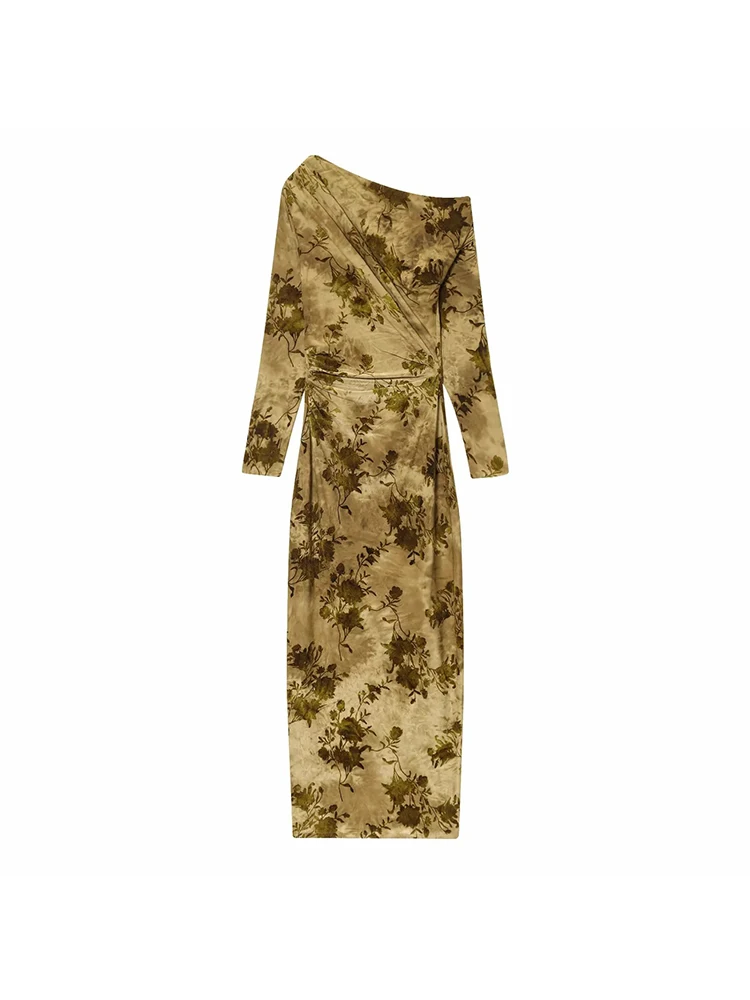 المرأة خريف شتاء جديد المخملية يتدفقون واحد الكتف فستان بكم طويل رقيقة الأزهار التطريز التخسيس فستان ماكسي الكاحل طول