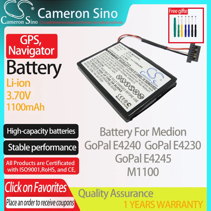 CameronSino Battery for Medion GoPal E4240 GoPal E4230 GoPal E4245 fits Medion M1100 GPS,Navigator battery 1100mAh 3.70V Li-ion