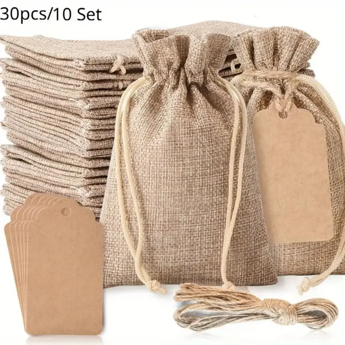 30-teiliges Set, hochwertige Sackleinen-Geschenktüten mit Kordelzug und Geschenkanhänger-Schnur, 10,2 x 15,2 cm, wiederverwendbare Geschenktüten, Sackleinenbeutel, Leinenbeutel
