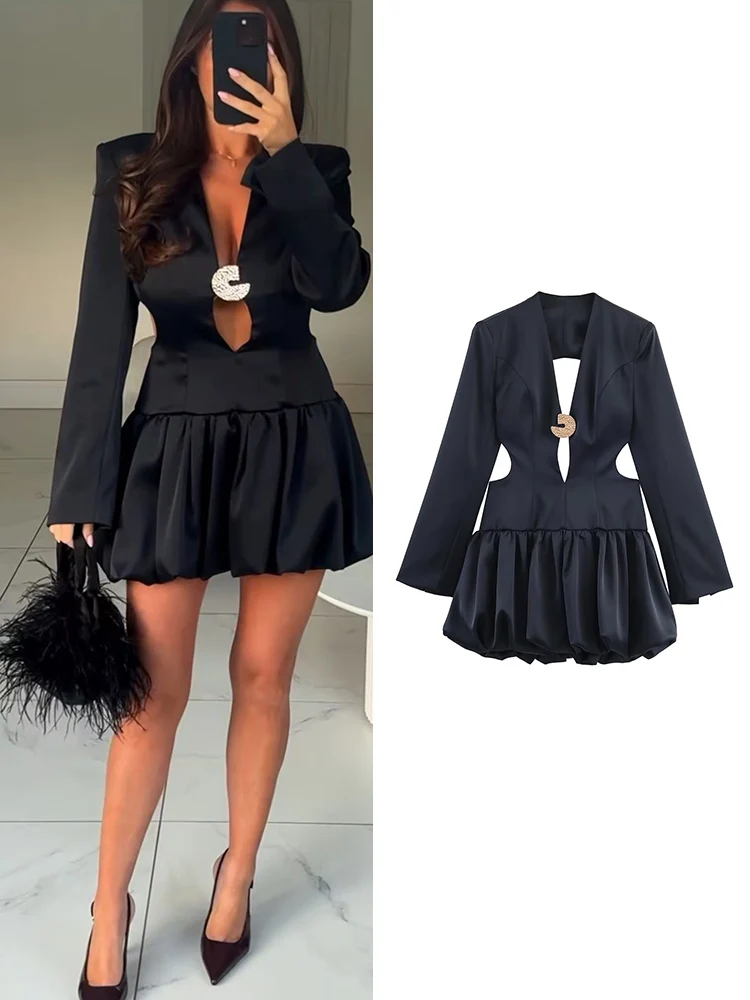 TFMLN 2026 فستان نسائي قصير مثير بياقة على شكل V عميقة وأكمام طويلة فساتين قصيرة للحفلات غير رسمية ملابس عصرية بدون ظهر