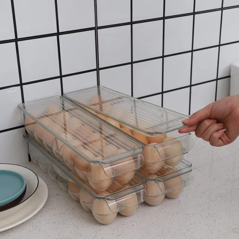 DT81 Stackable 14-Slot Egg Holder with Lid for Refrigerator - Transparent Plastic Egg Storage Box