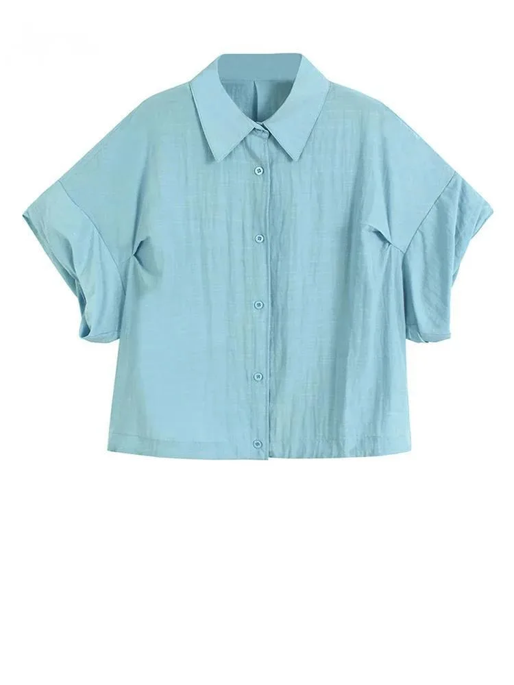 Women Blue Brief Pleated Big Size Thin Blouse New Lapel Short Puff Sleeve Shirt Fashion Tide Spring Summer