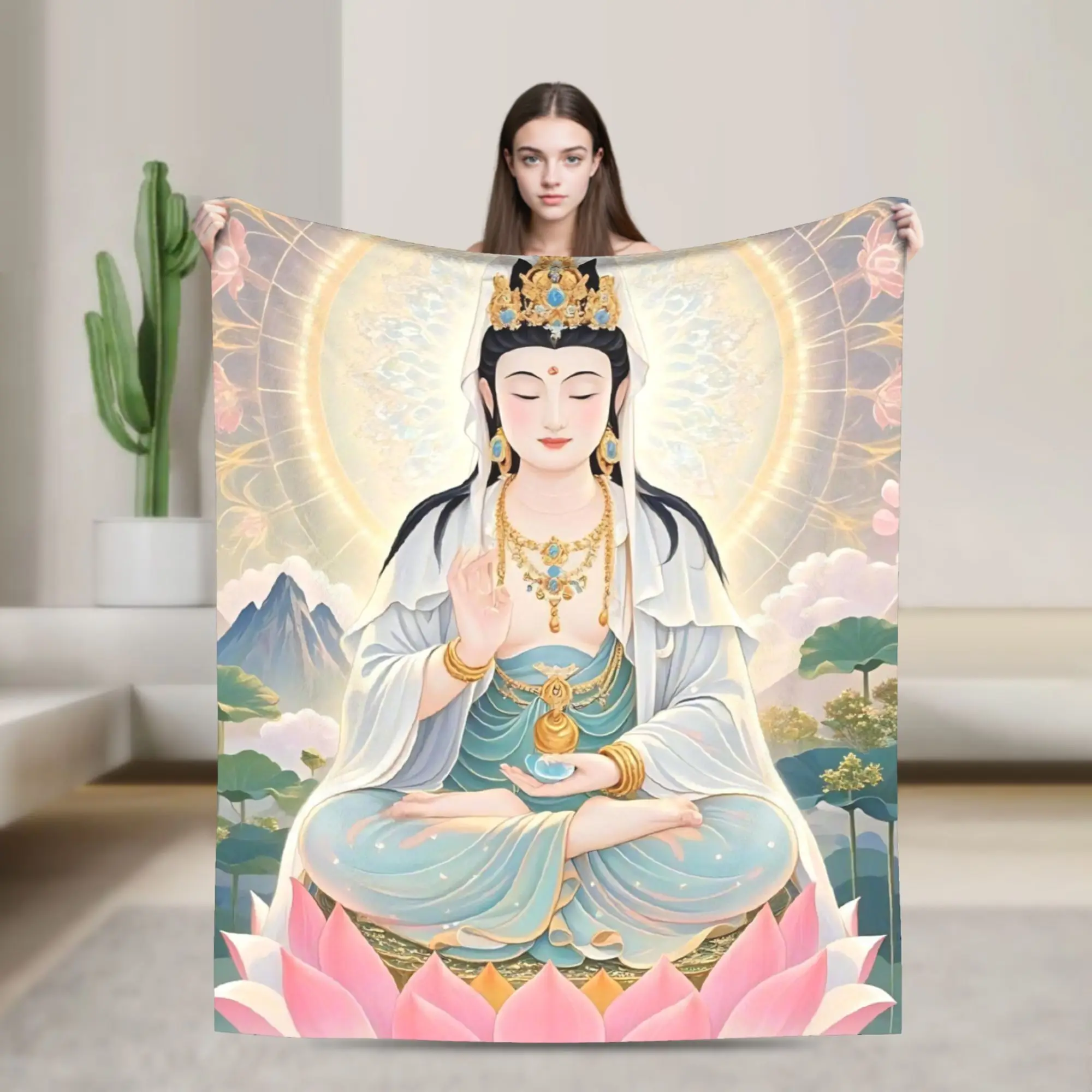 Bodhisattva Willow Branch Lotus Fleece Blanket Y2K Harajuku Awesome Throw Blankets for Home Hotel Sofa  125*100cm Bedspread