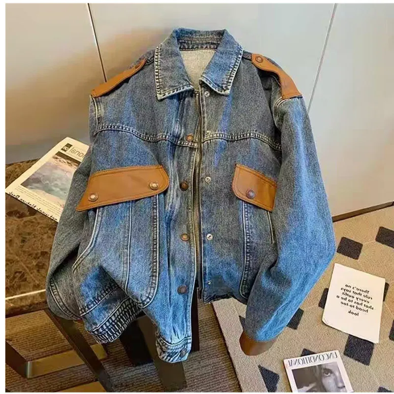 

Синяя винтажная джинсовая куртка в стиле пэчворк для женщин: модная корейская свободная уличная одежда с молнией, повседневная джинсовая куртка