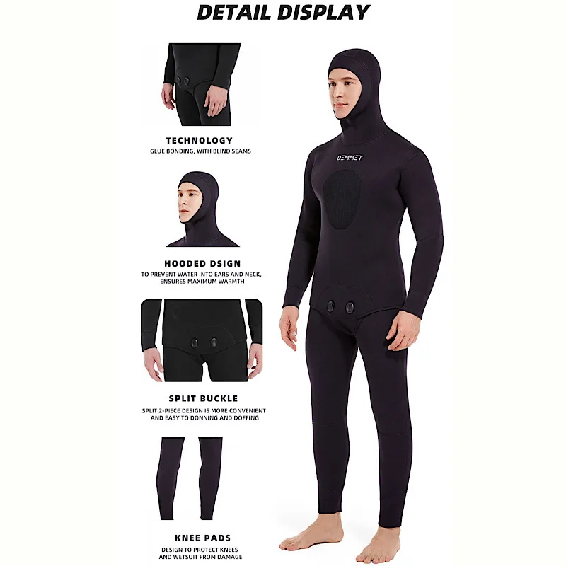 5mm/7mm Men's Diving Suit Neoprene Thicken Split Wetsuit with Hood Anti-cold Suit for Surfing Snorkeling Canoeing Full Wetsuit