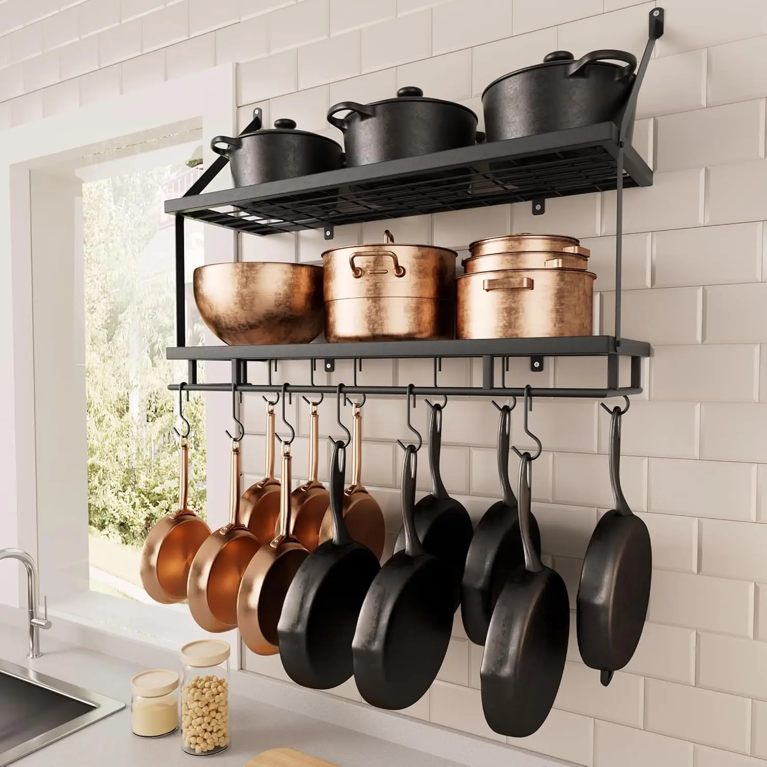 

30-Inch Kitchen Pot Rack with Guard Rail, 12 Hooks for Pots and Pans Storage, Matte Black Wall Shelf