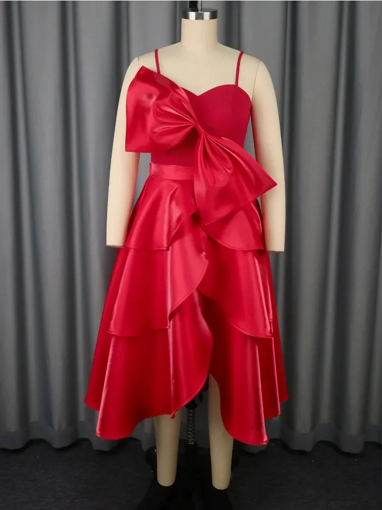 

Красное асимметричное платье с дизайном с открытыми плечами, большой бант, многослойный подол с рюшами, идеально подходящий для Galas и особых случаев
