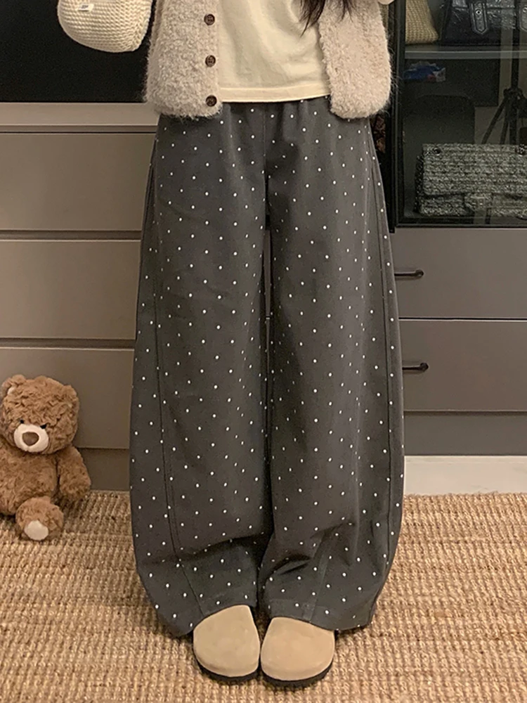 Koreańskie wełniane spodnie w grochy, damskie, z wysokim stanem, proste nogawki, luźne, szerokie nogawki, jesień-zima, nowość