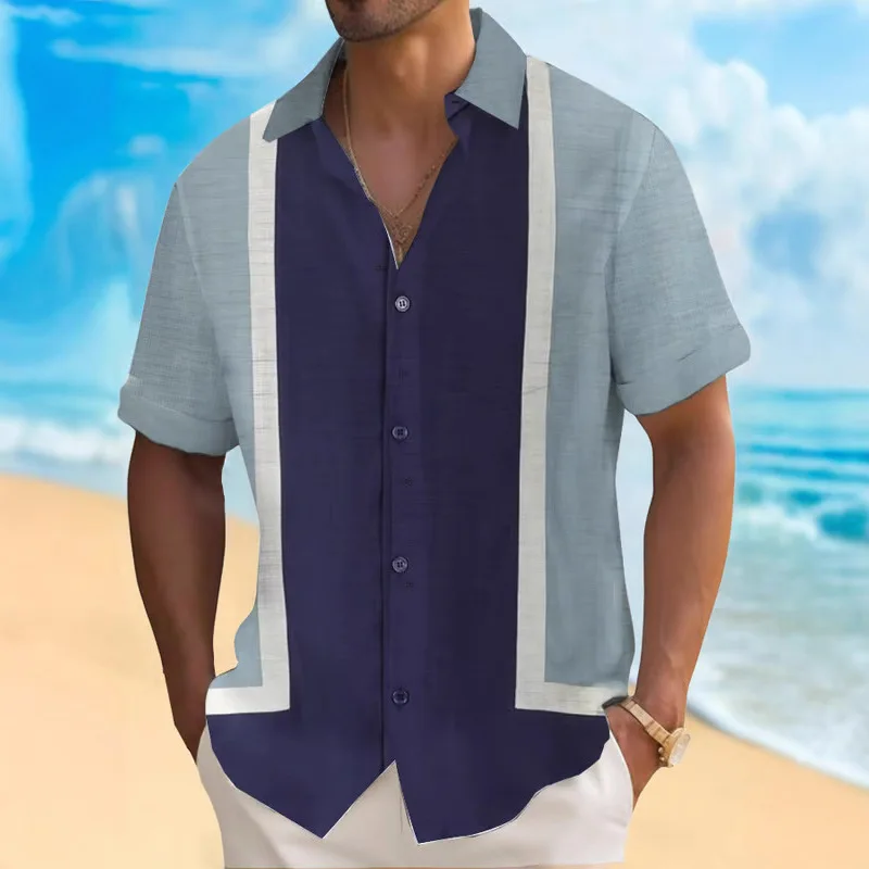 الرجال الرجعية بسيطة مخطط المتناقضة اللون ثلاثية الأبعاد قميص مطبوع قصيرة الأكمام التلبيب الأساسية هاواي شاطئ عطلة قميص حفلة #4