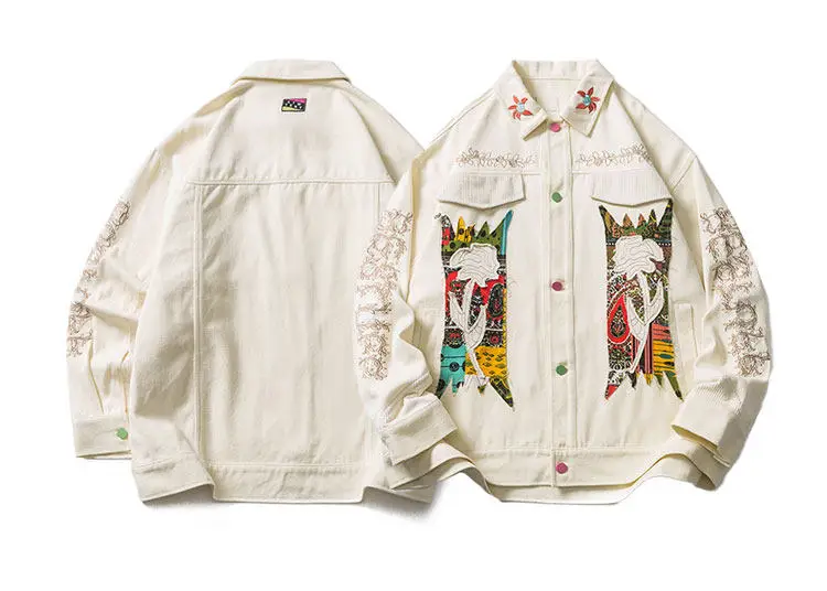 الربيع والخريف النمط الياباني كلية الرياح التصحيح المطرزة البيسبول سترة للرجال البيج فضفاض معطف الدنيم عادية