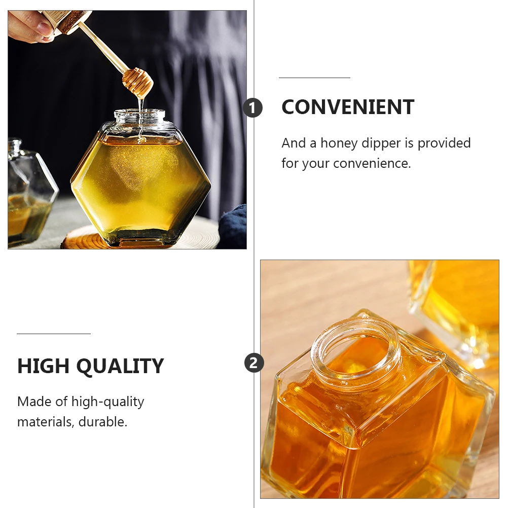 

2Pcs 380Ml Clear Honey Pot Glass Hexagonal Jar Sealed Wooden Lid Stirring Rod Perfect Kitchen Accessory
