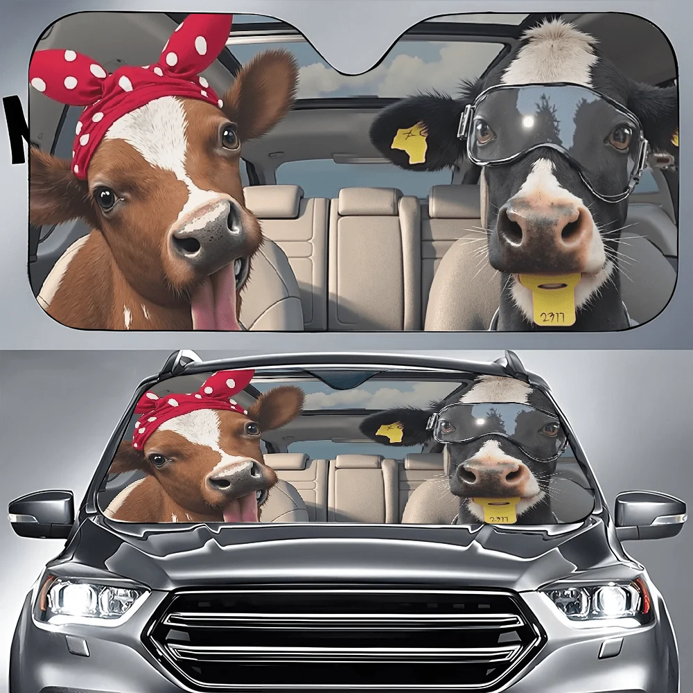 1pc 2D FLAT PRINTING Couple Of Cows Sitting In The Back Seat Of A Car Car Auto Sunshades Car Sunshade, Front Window Sun Cover Fo