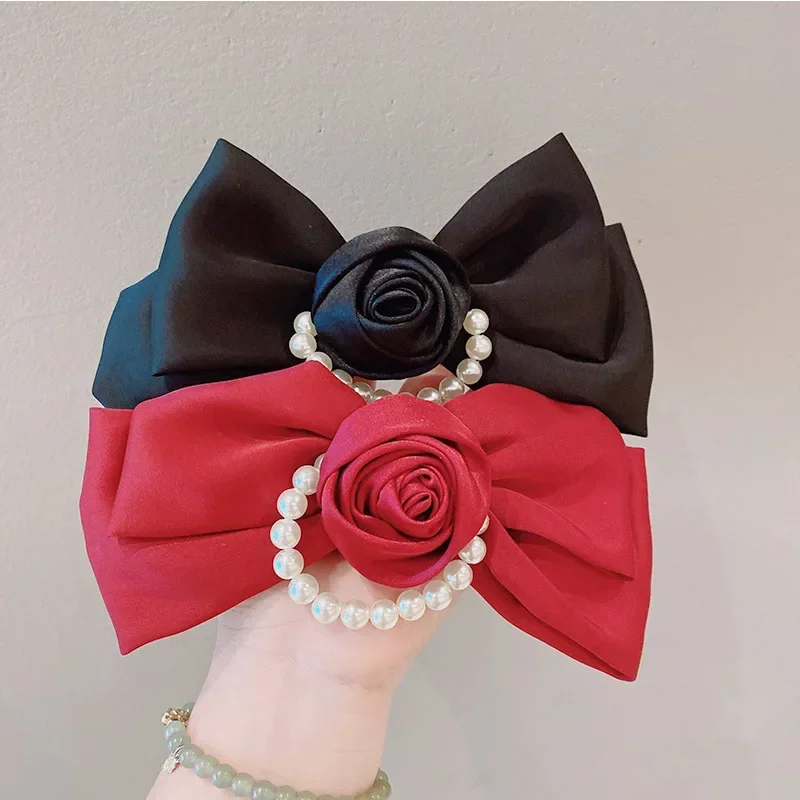 Vintage Rose Hairpin Fabric Large Bow Knot Pearl Chain Hair Clip Sweet Girl Women Korean Hair Accessories Autumn Winter Headwear
