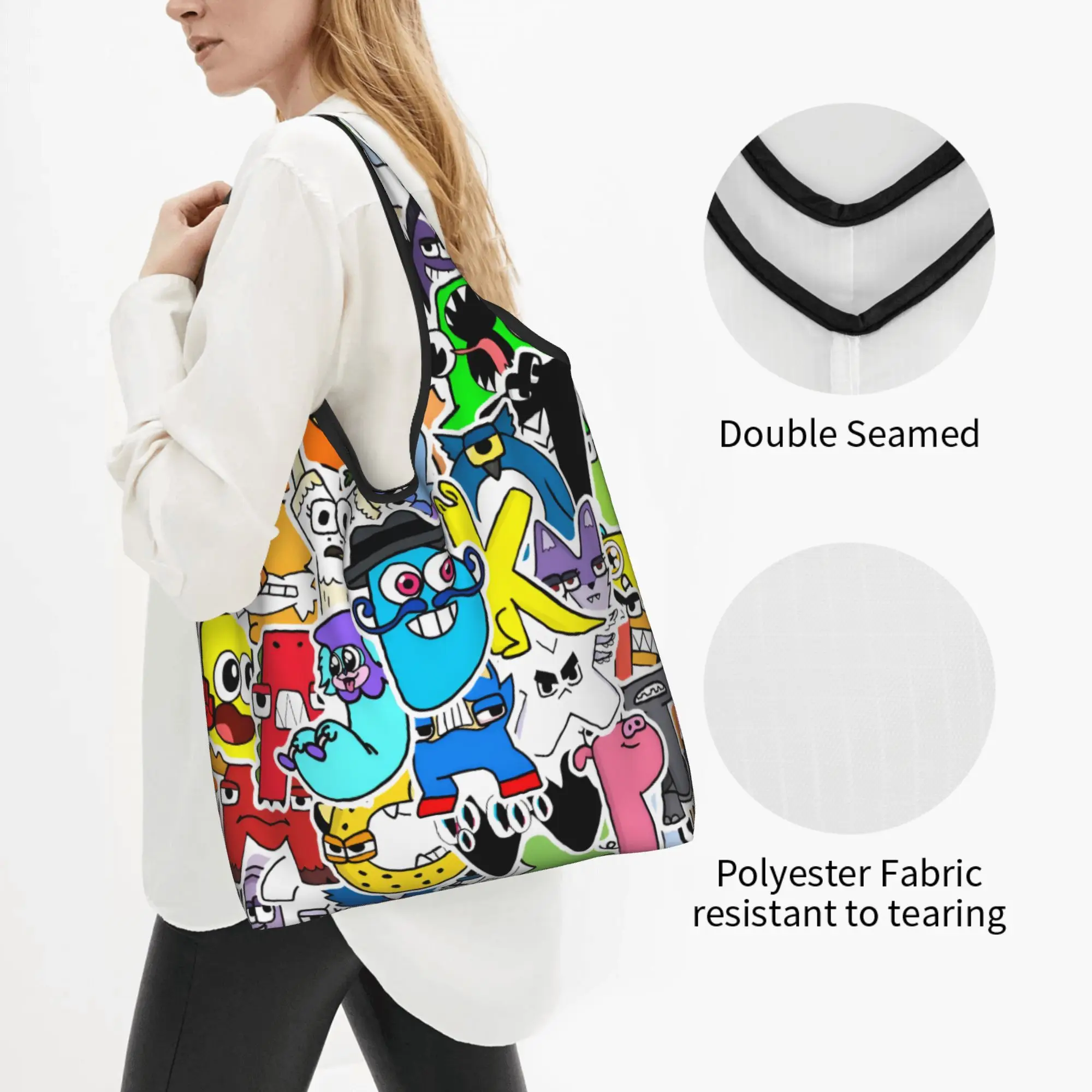 A-Alphabetes Hot Cartoon Grocery Tote Shopping Bag Women Fashion Letter Shoulder Shopper Bag Large Capacity Handbags