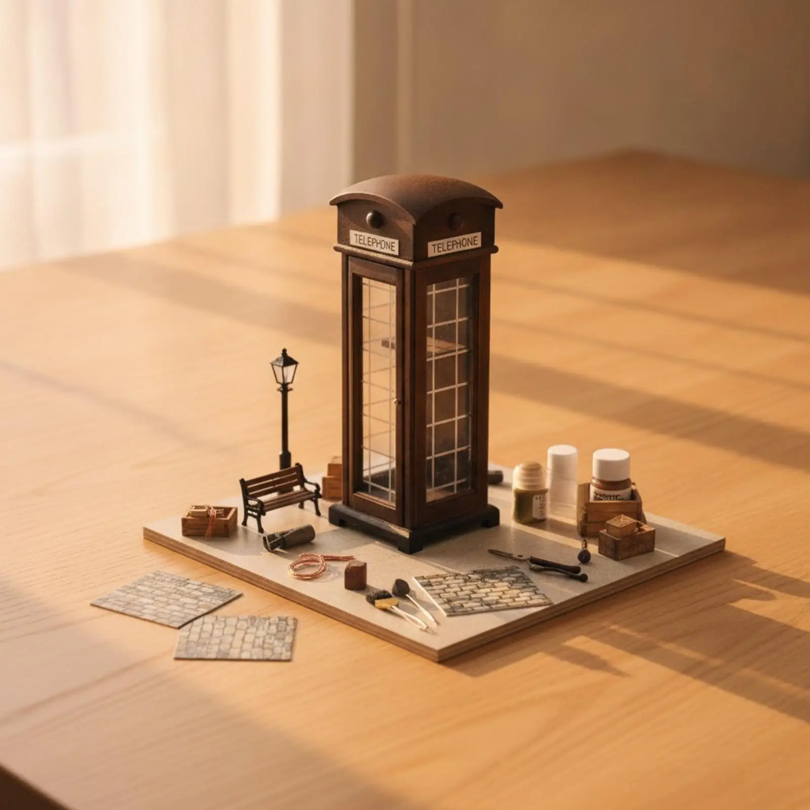 Dollhouse Miniature Phone Booth Real Wood Kiosk for Craft Project Vintage Street Prop